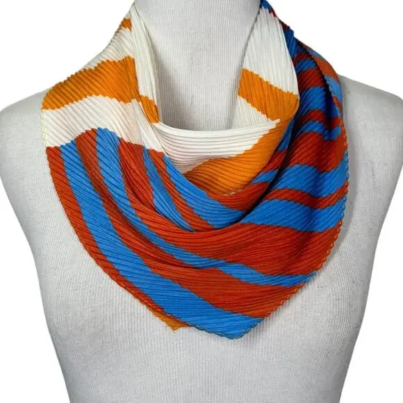 Mango MNG Striped Retro Pleated Scarf Orange Red Blue Neck Geometric Mod Casual - Picture 1 of 6